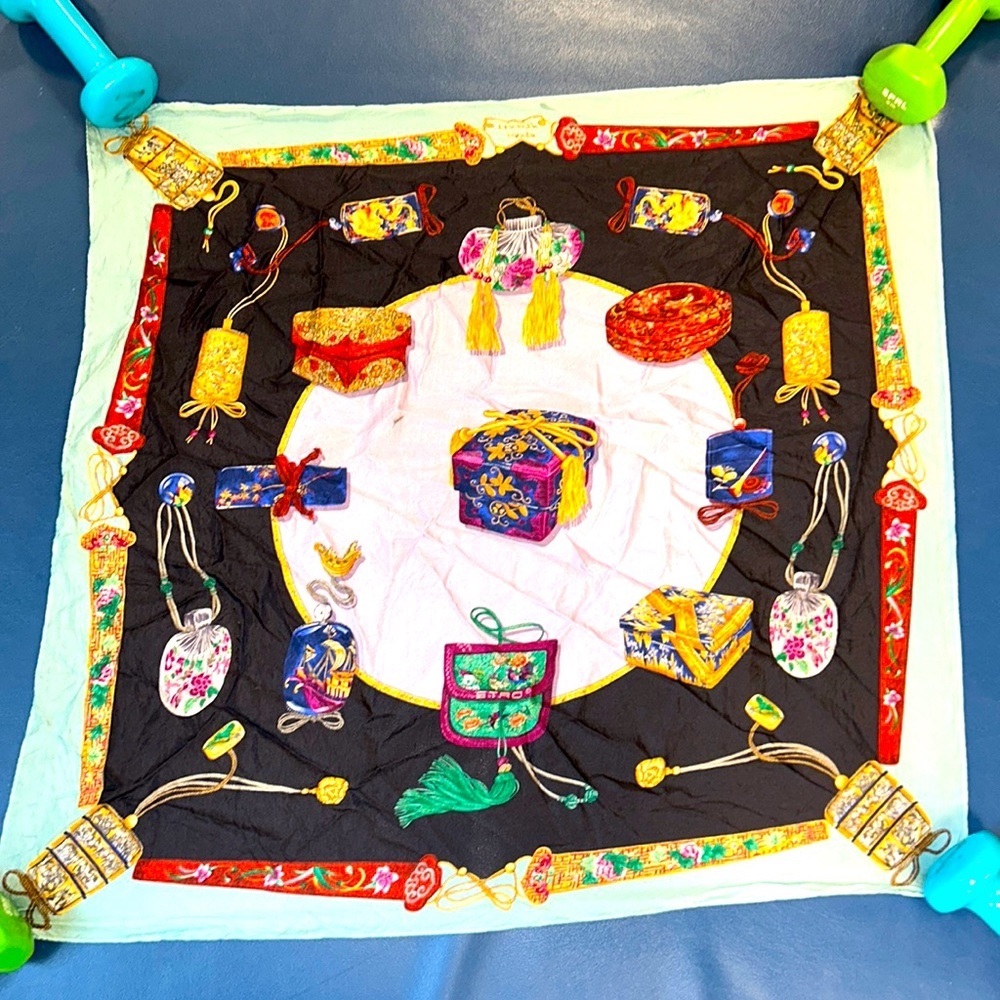 ETRO Rare silk square scarf with purses, bottles, and tchotchke theme